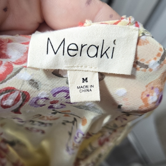 Meraki Blouse Size M Floral Print Sheer Smock Waist Puff Sleeve Yellow Boho - Picture 3 of 11